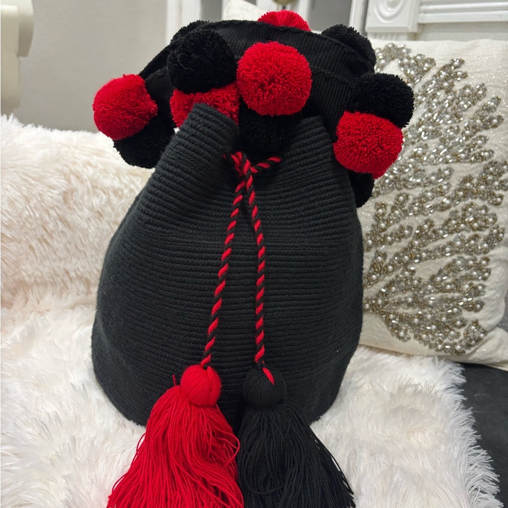 Charming Black and Red Pom-Pom Kids Hat